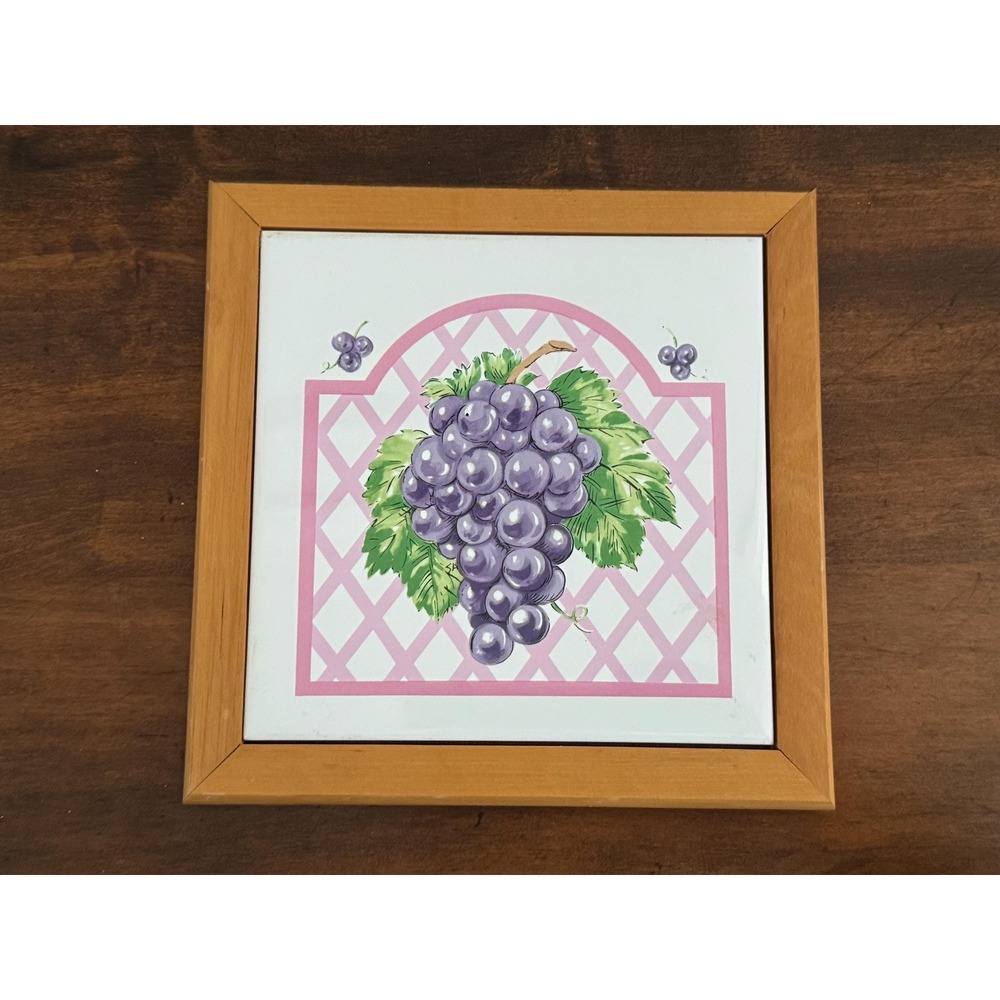 Vintage Ceramic Tile or Trivit Featuring Grapes in a Wood Frame Wall Decor